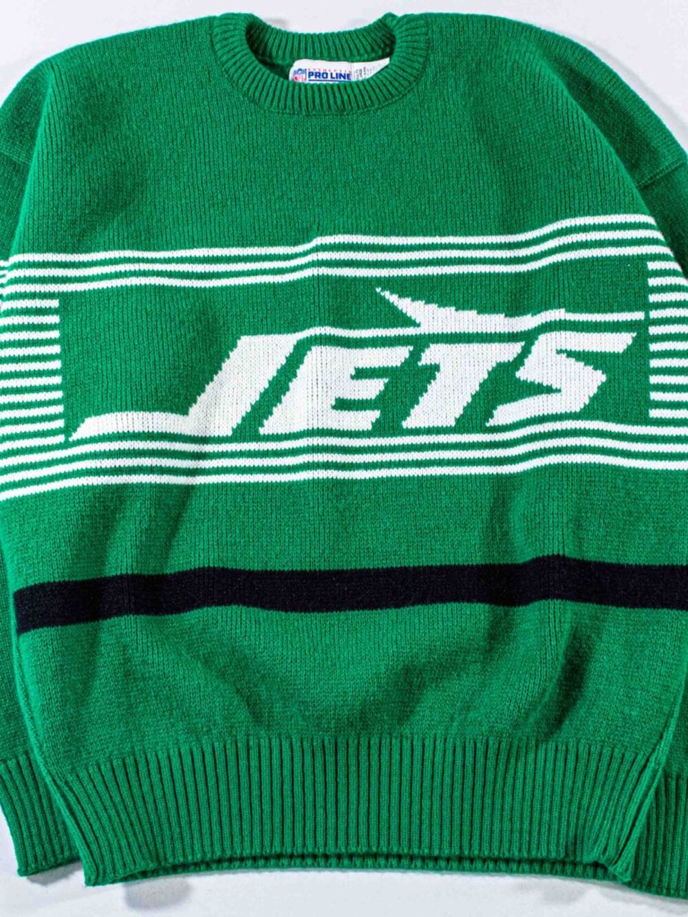 Vintage New York Jets Cliff Engle Sweater XL 80s Pro Line Striped Logo Knit VTG